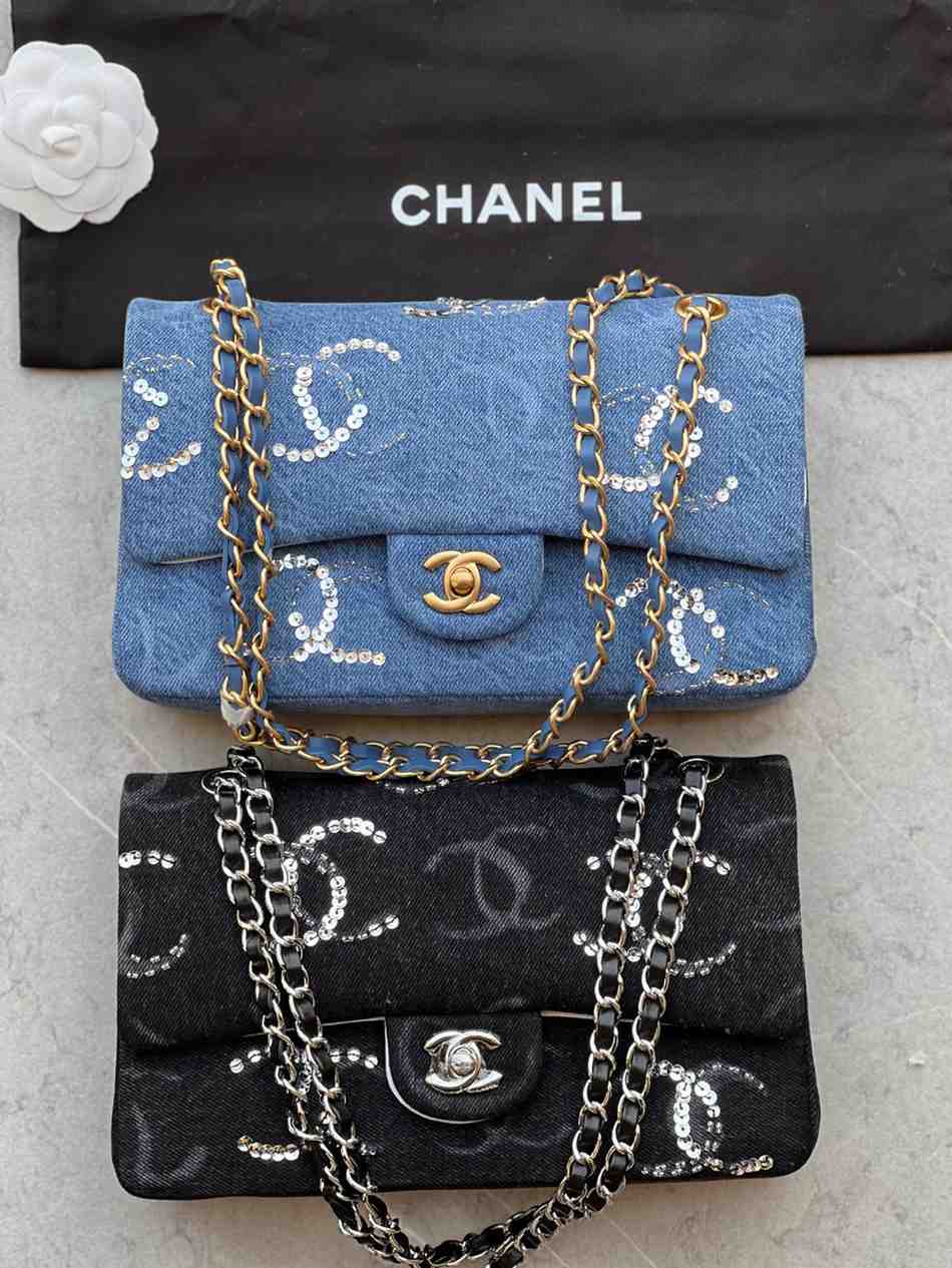 chanel denim cc Sequined double flap bag