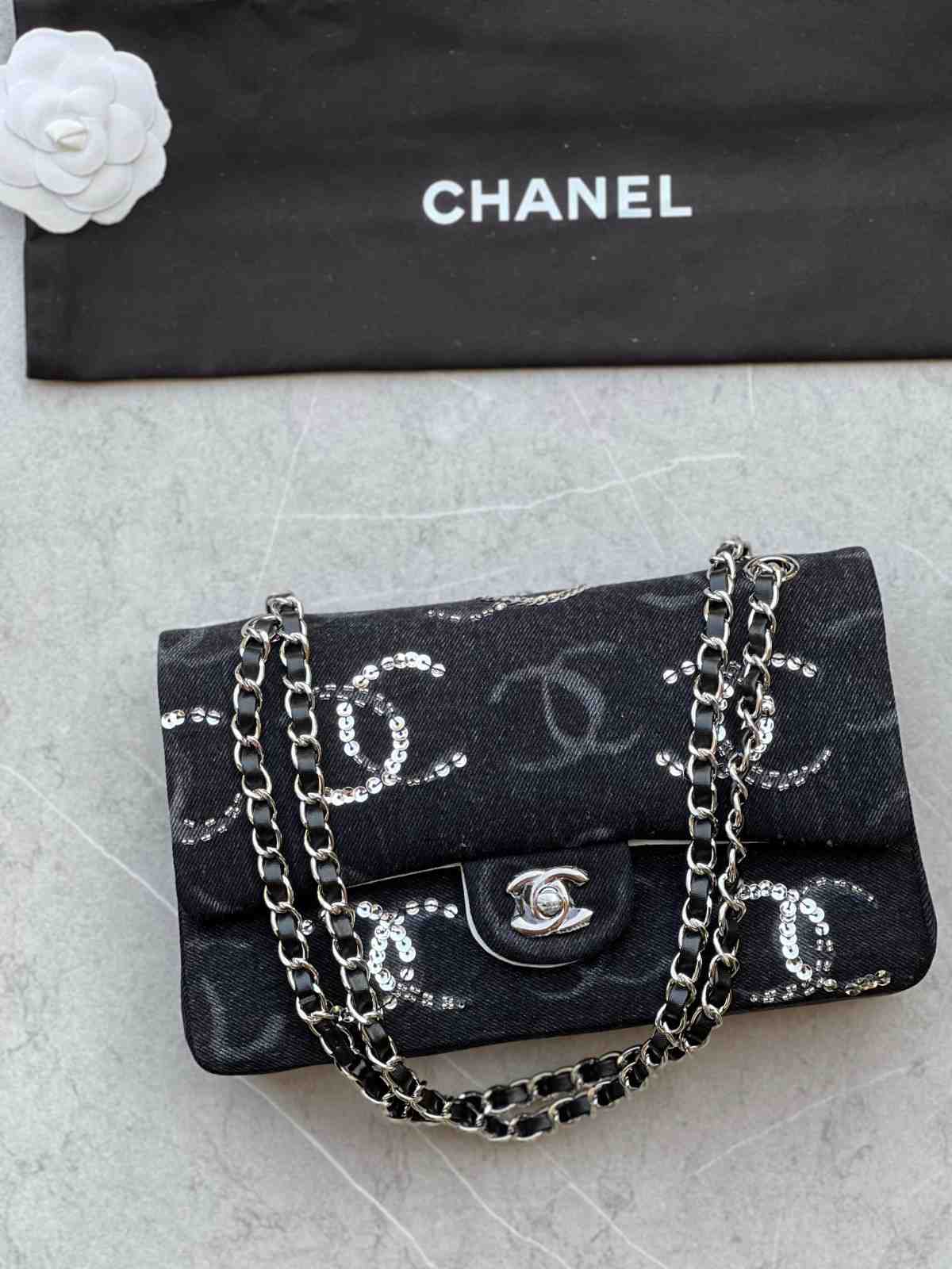 chanel denim cc Sequined double flap bag