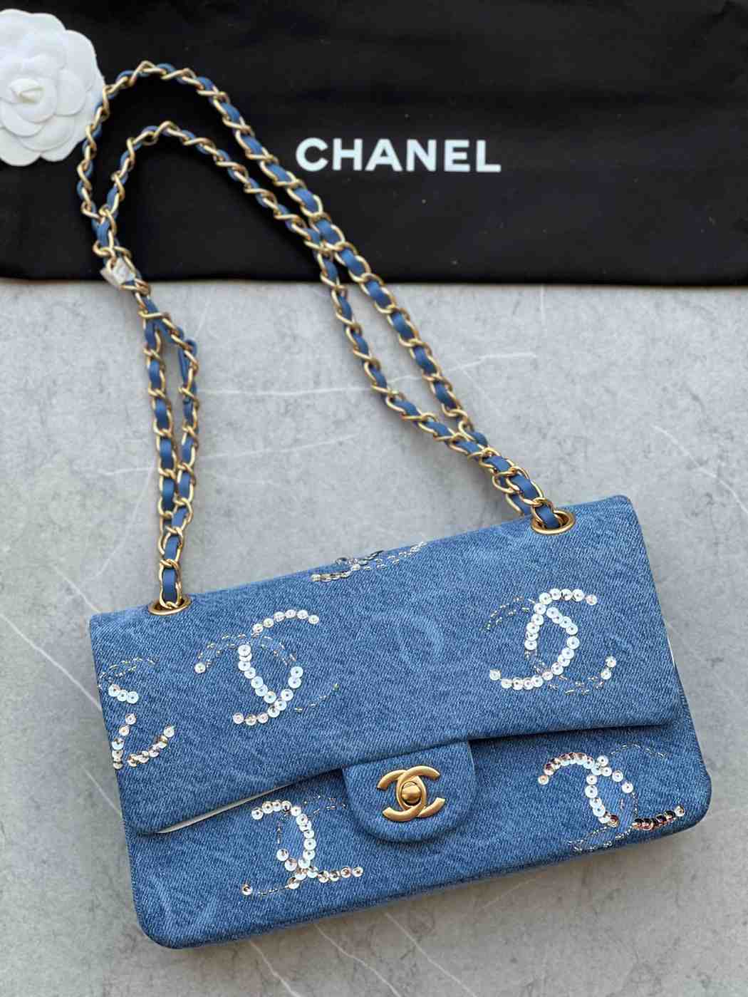 chanel denim cc Sequined double flap bag
