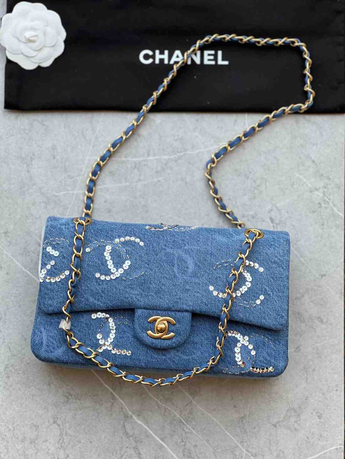chanel denim cc Sequined double flap bag