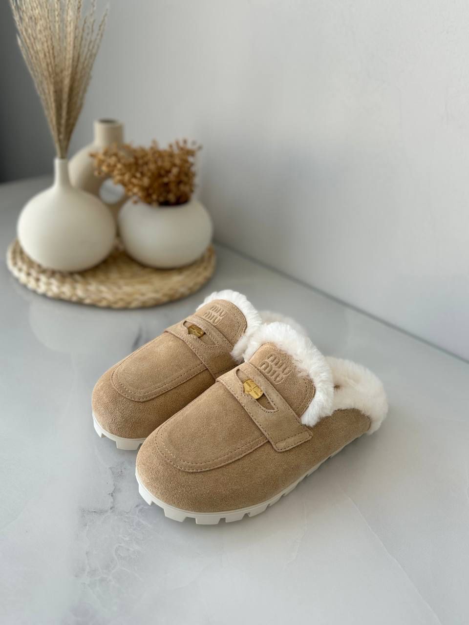 miu miu shearling suede mules