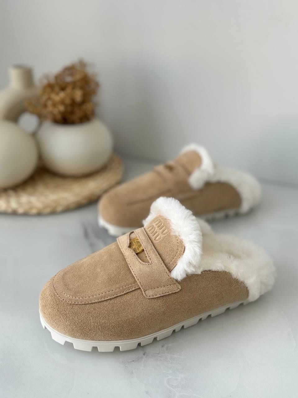 miu miu shearling suede mules