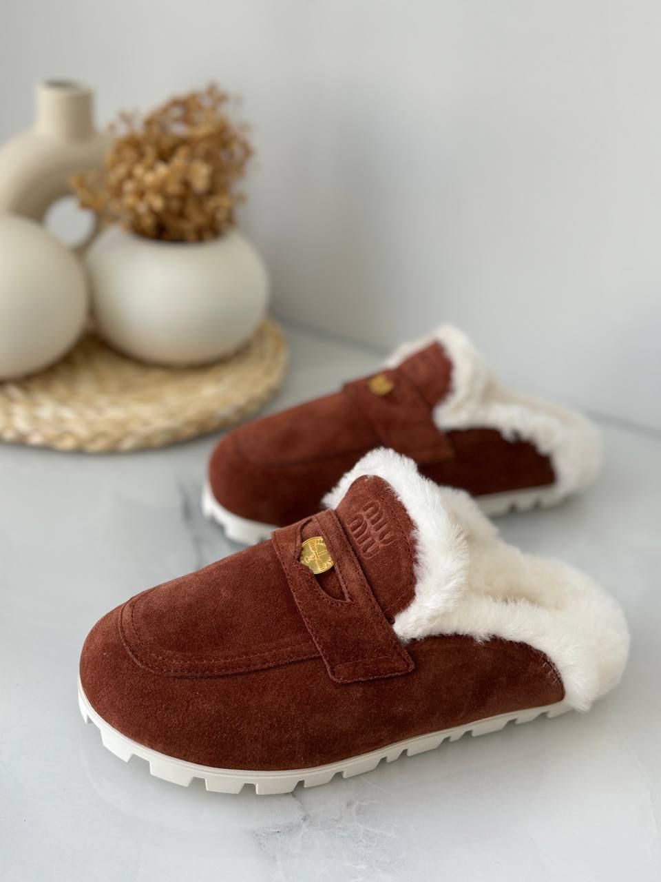 miu miu shearling suede mules