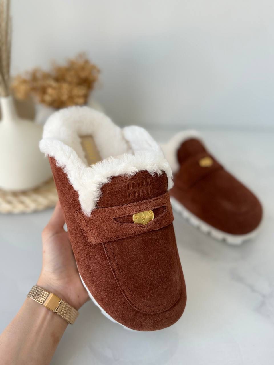 miu miu shearling suede mules