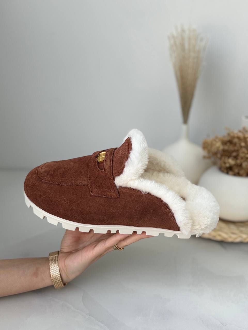 miu miu shearling suede mules