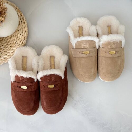 miu miu shearling suede mules​