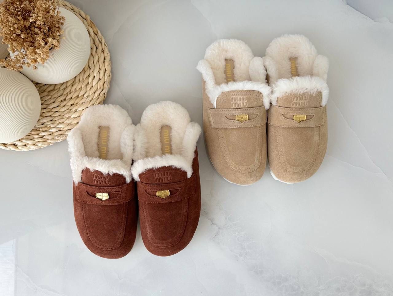 miu miu shearling suede mules