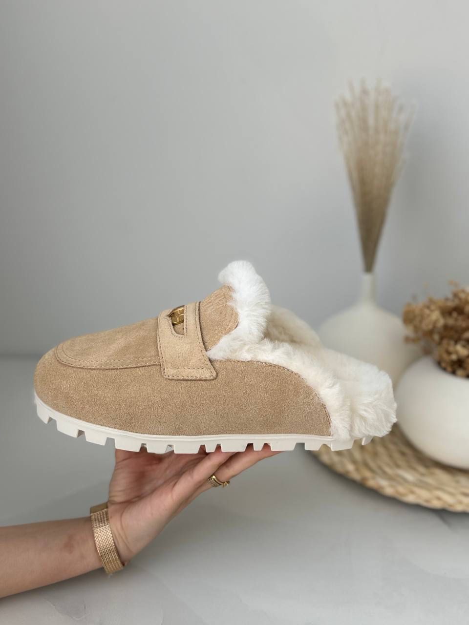 miu miu shearling suede mules