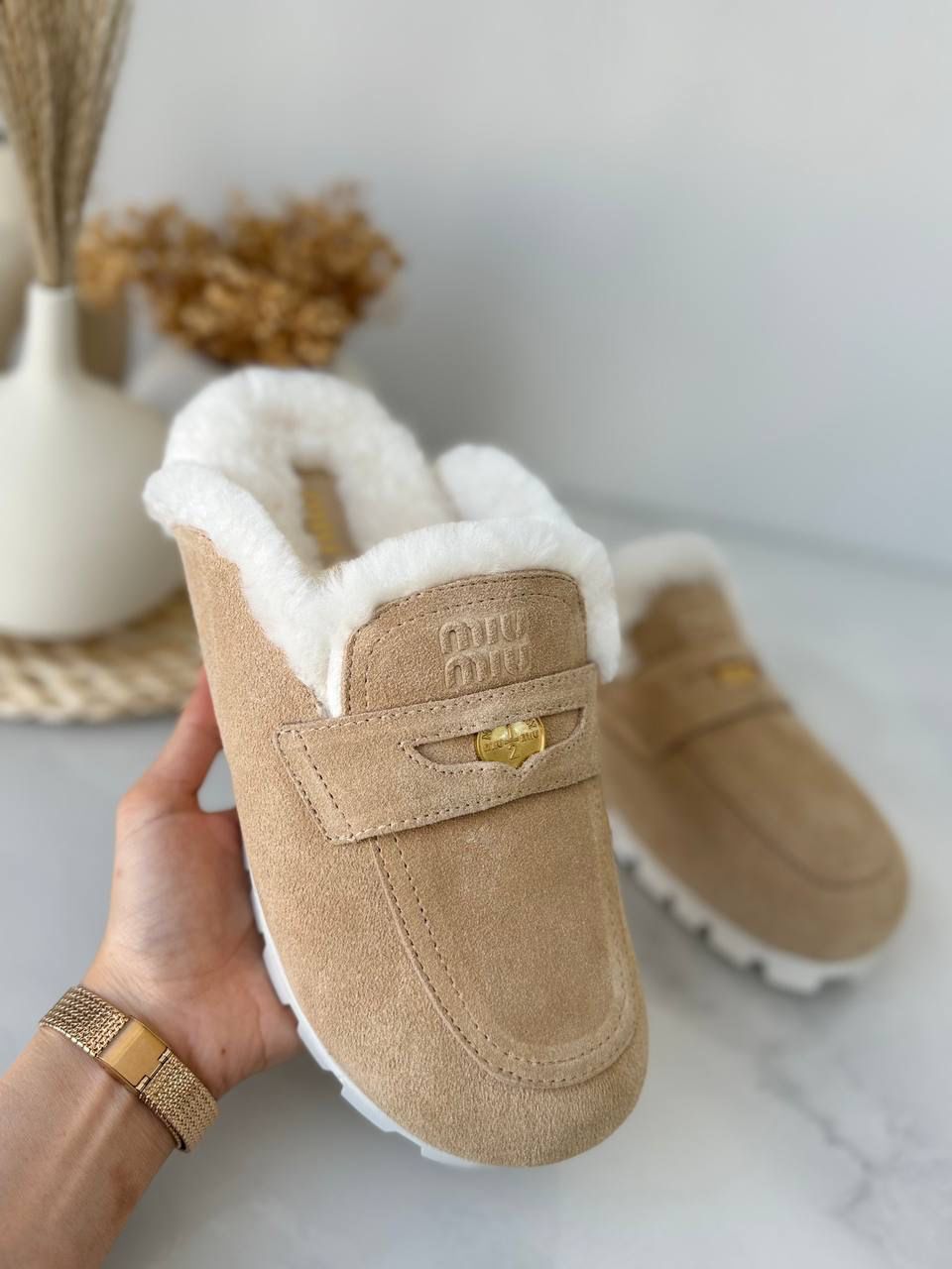 miu miu shearling suede mules
