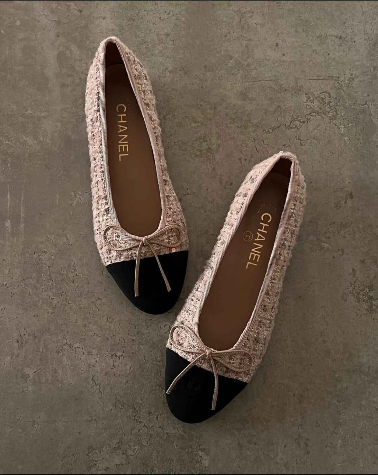 chanel tweed ballet flats pink