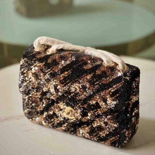 Chanel Black and Gold Sequined Flap Bag