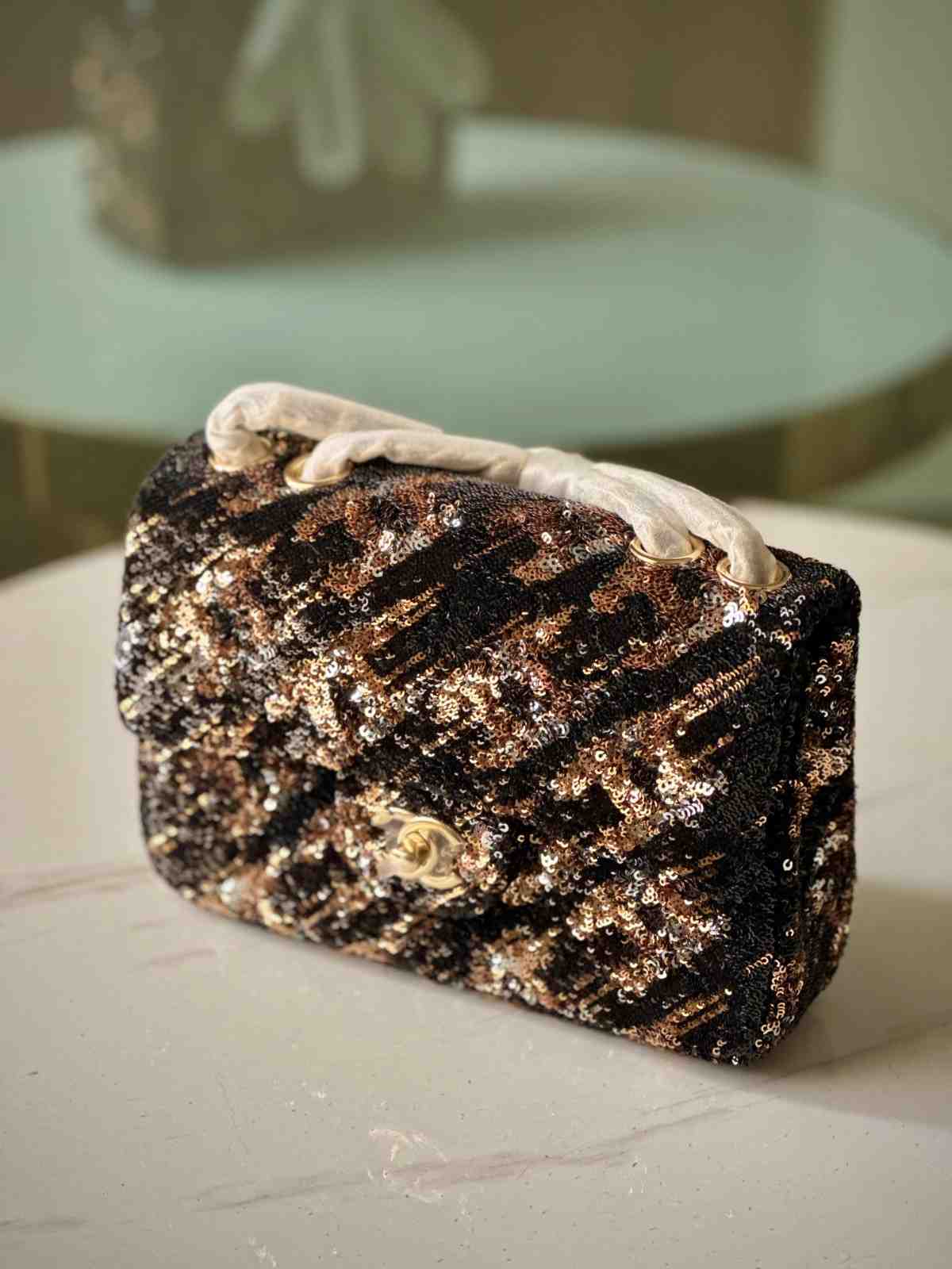Chanel Black and Gold Sequined Flap Bag