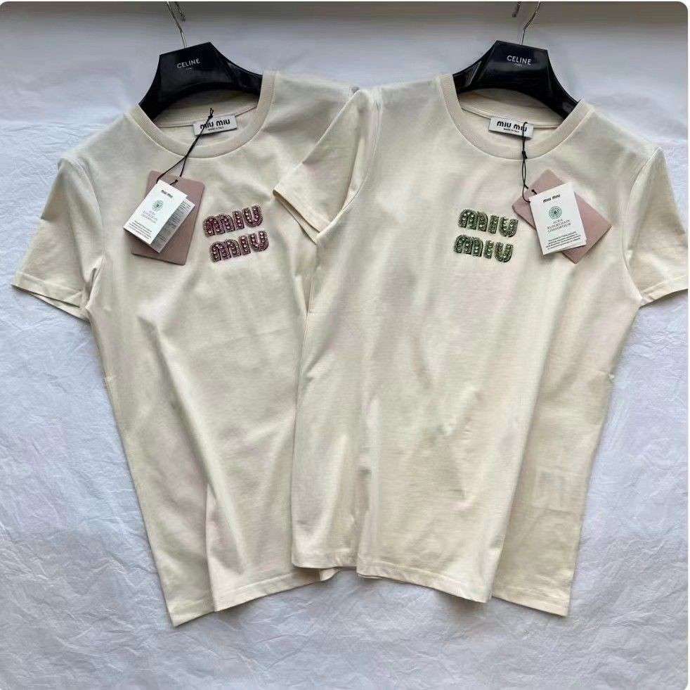 miu miu logo embroidery cotton jersey t-shirt natural