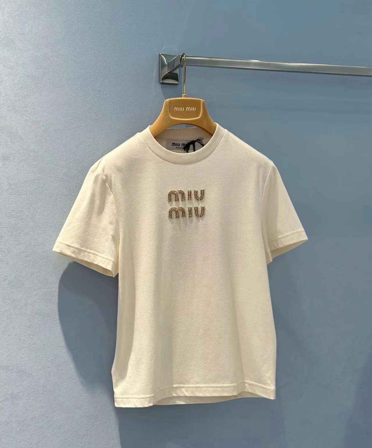 miu miu logo embroidery cotton jersey t-shirt natural