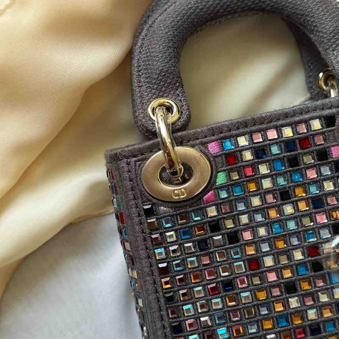 Mini Lady Dior Embroidered Pearl Bag Grey