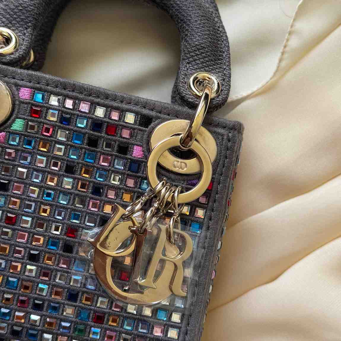 Mini Lady Dior Embroidered Pearl Bag Grey