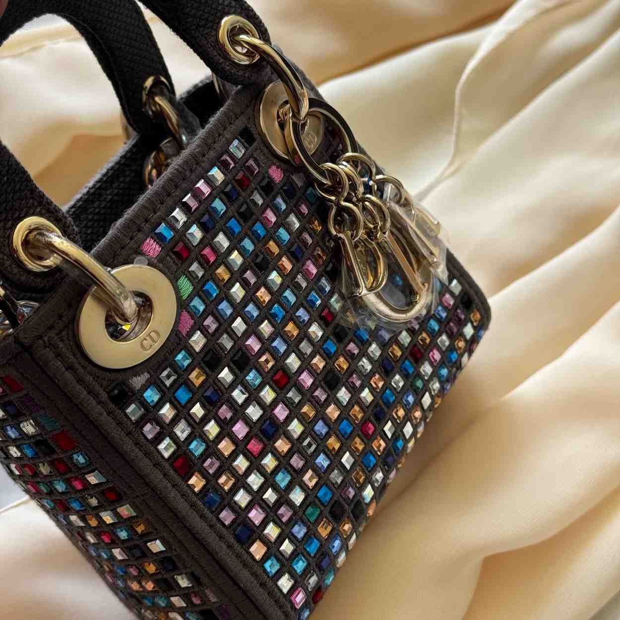 Mini Lady Dior Embroidered Pearl Bag grey