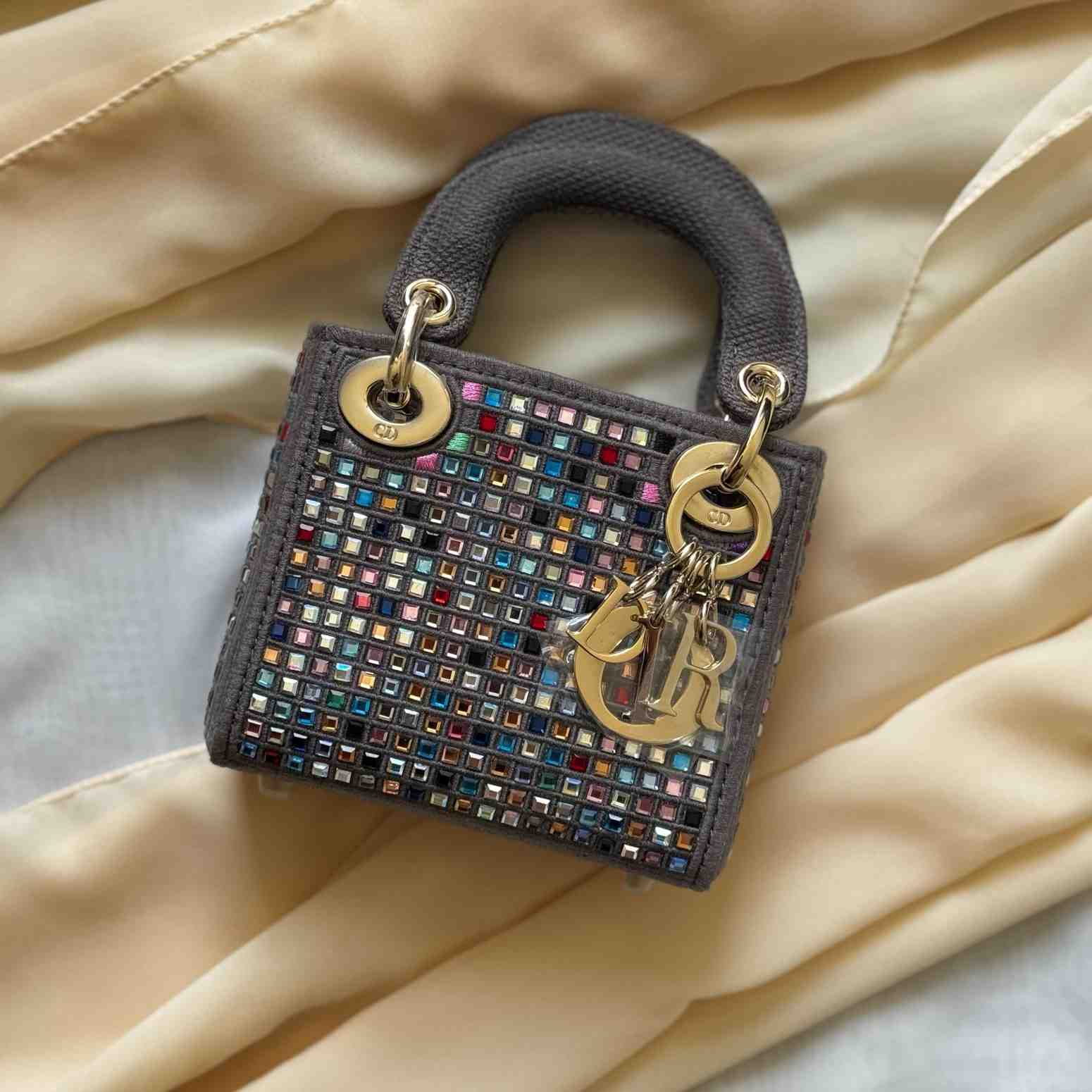 Mini Lady Dior Embroidered Pearl Bag grey
