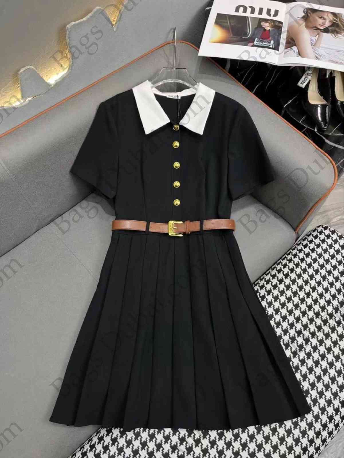 Miu Miu Belted Peter Pan Collar Dress Black