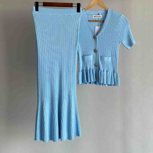 Self Portrait V-neck Knitted Dress And Skirt Blue