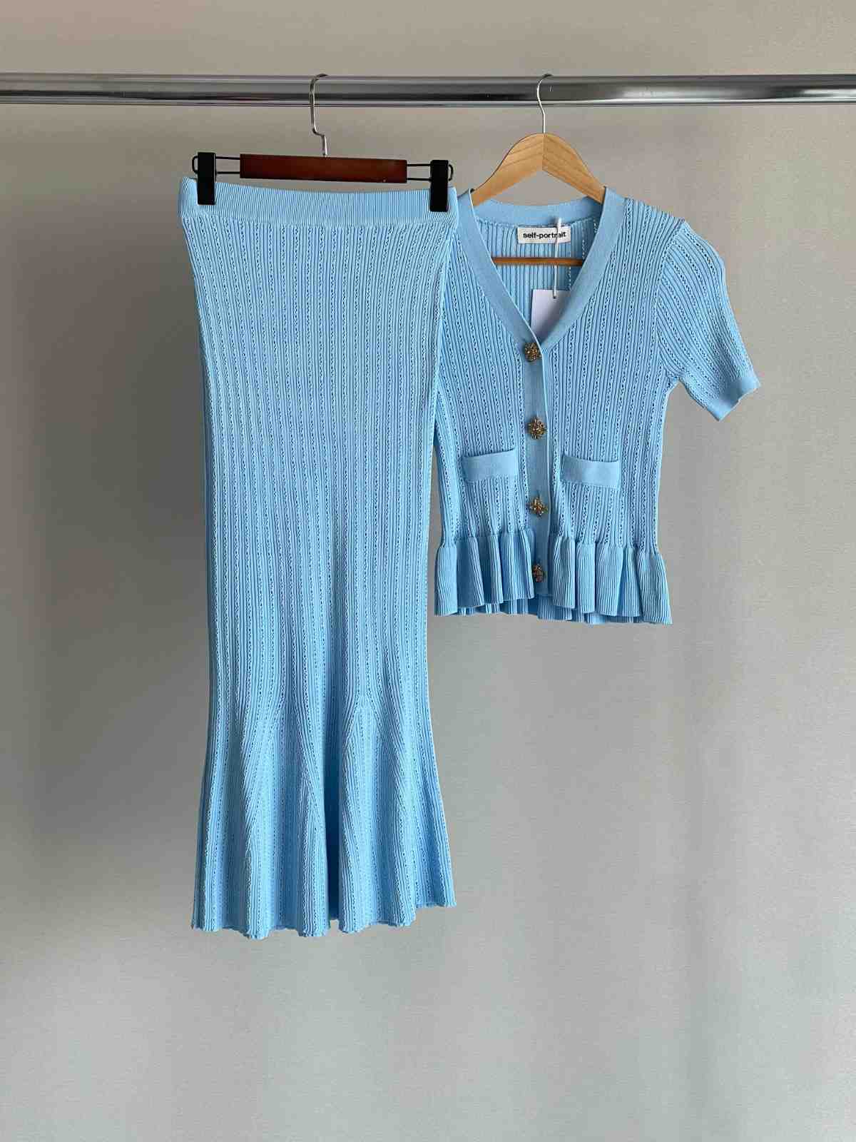 Self Portrait V-neck Knitted Dress And Skirt Blue
