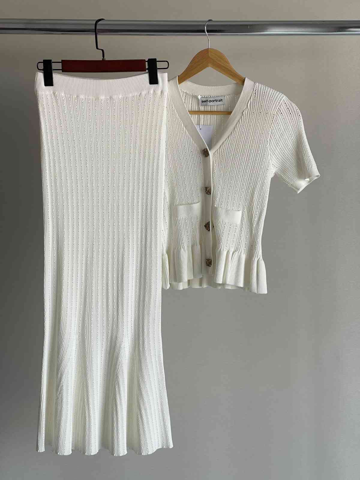 Self Portrait V-neck Knitted Dress And Skirt White