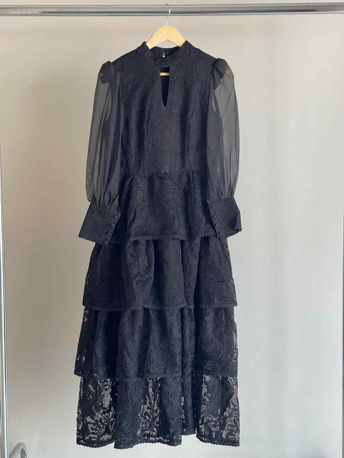 Zimmermann Tiered Lace Sheer Puff Sleeves Dress Black