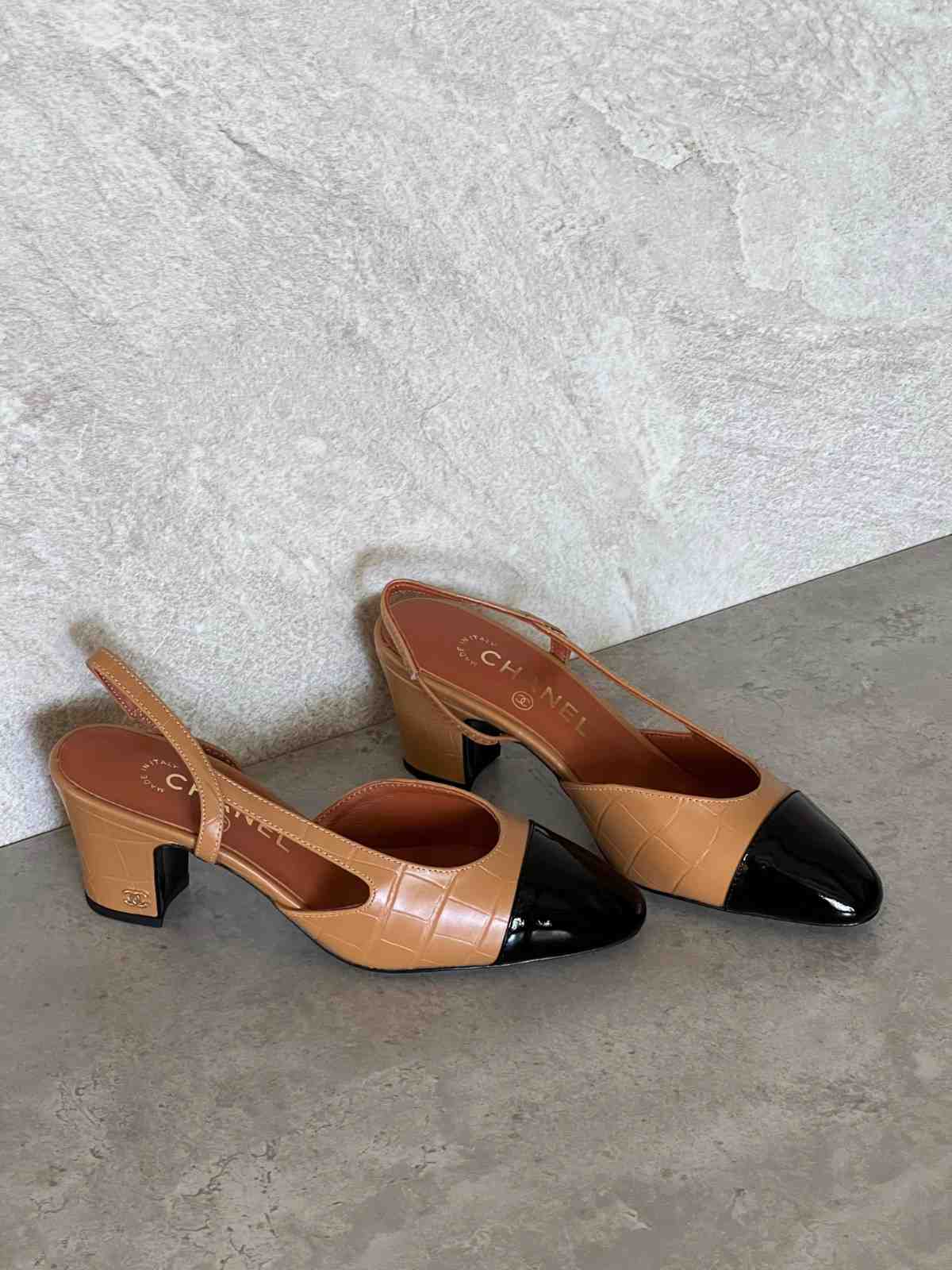 Chanel Leather CC Embossed Slingback Shoes Brown