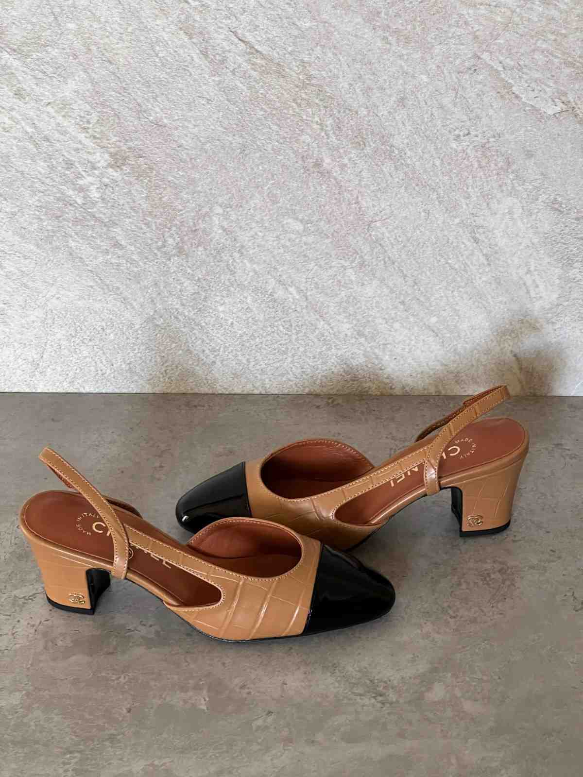 Chanel Leather CC Embossed Slingback Shoes Brown