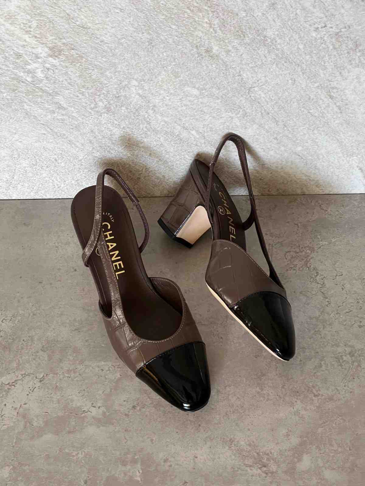 Chanel Leather CC Embossed Slingback Shoes Grey