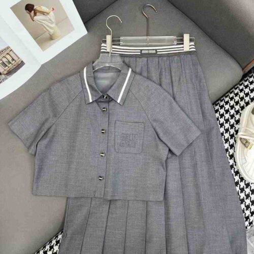 Miu Miu Pleated Shirt and Skirt Set Grey