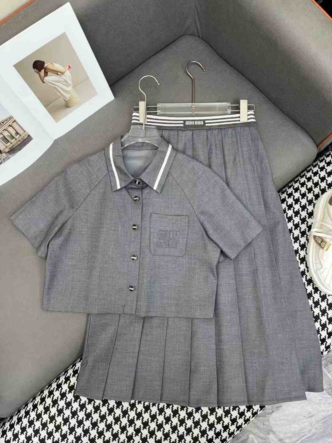 Miu Miu Pleated Shirt and Skirt Set Grey