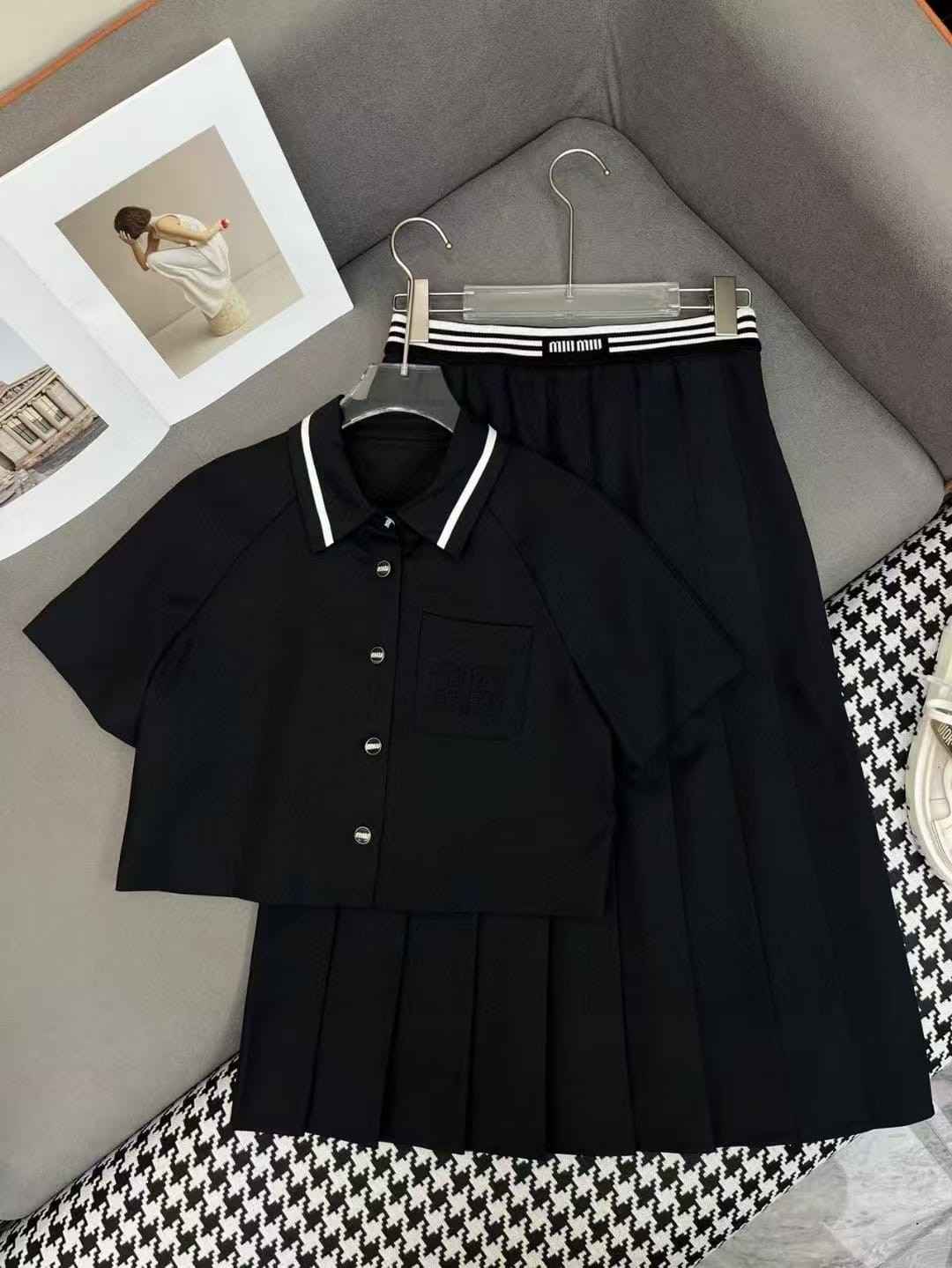 Miu Miu Pleated Shirt and Skirt Set Black