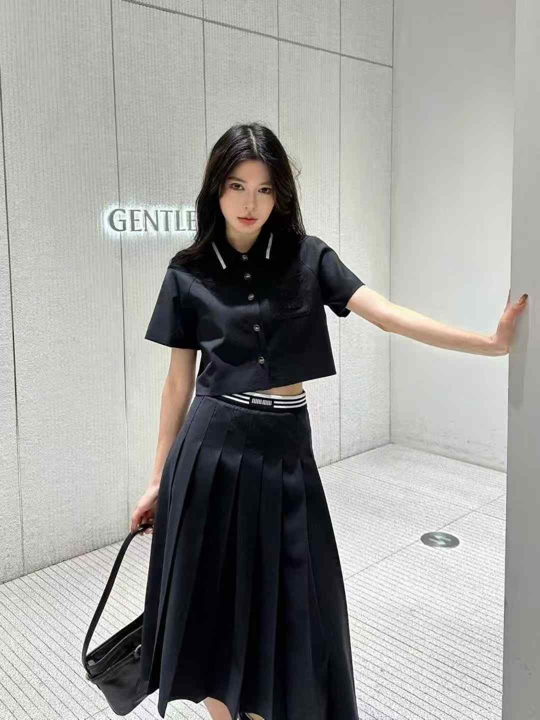 Miu Miu Pleated Shirt and Skirt Set Black