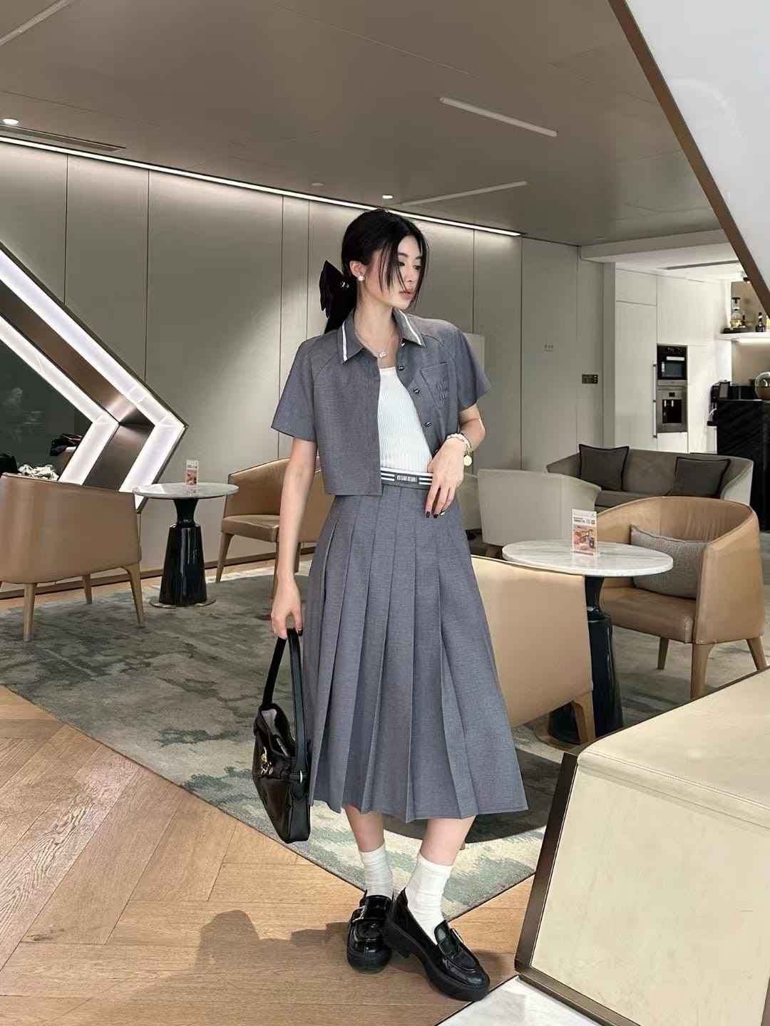 Miu Miu Pleated Shirt and Skirt Set Grey