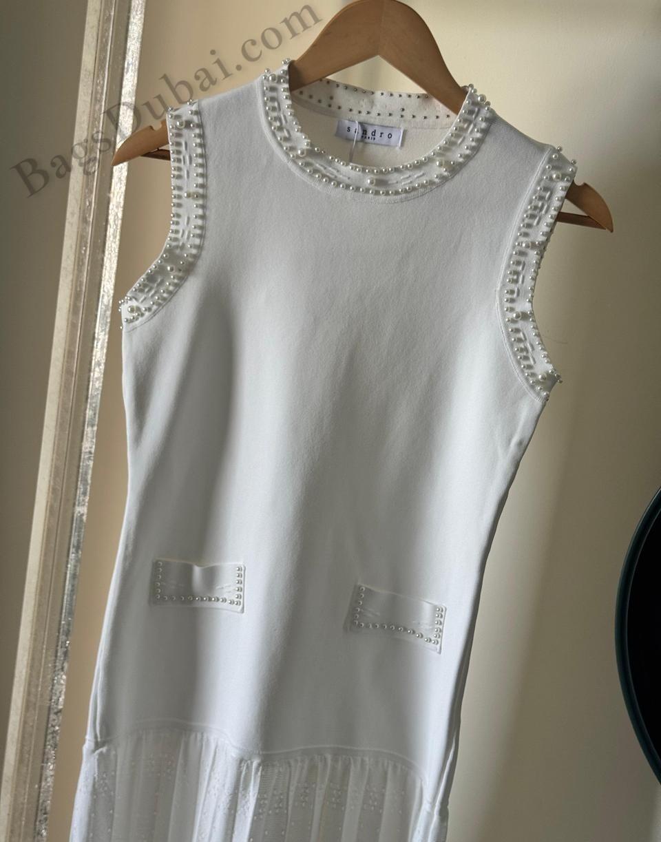 Sandro Maxi Dress In Pearl Bead White