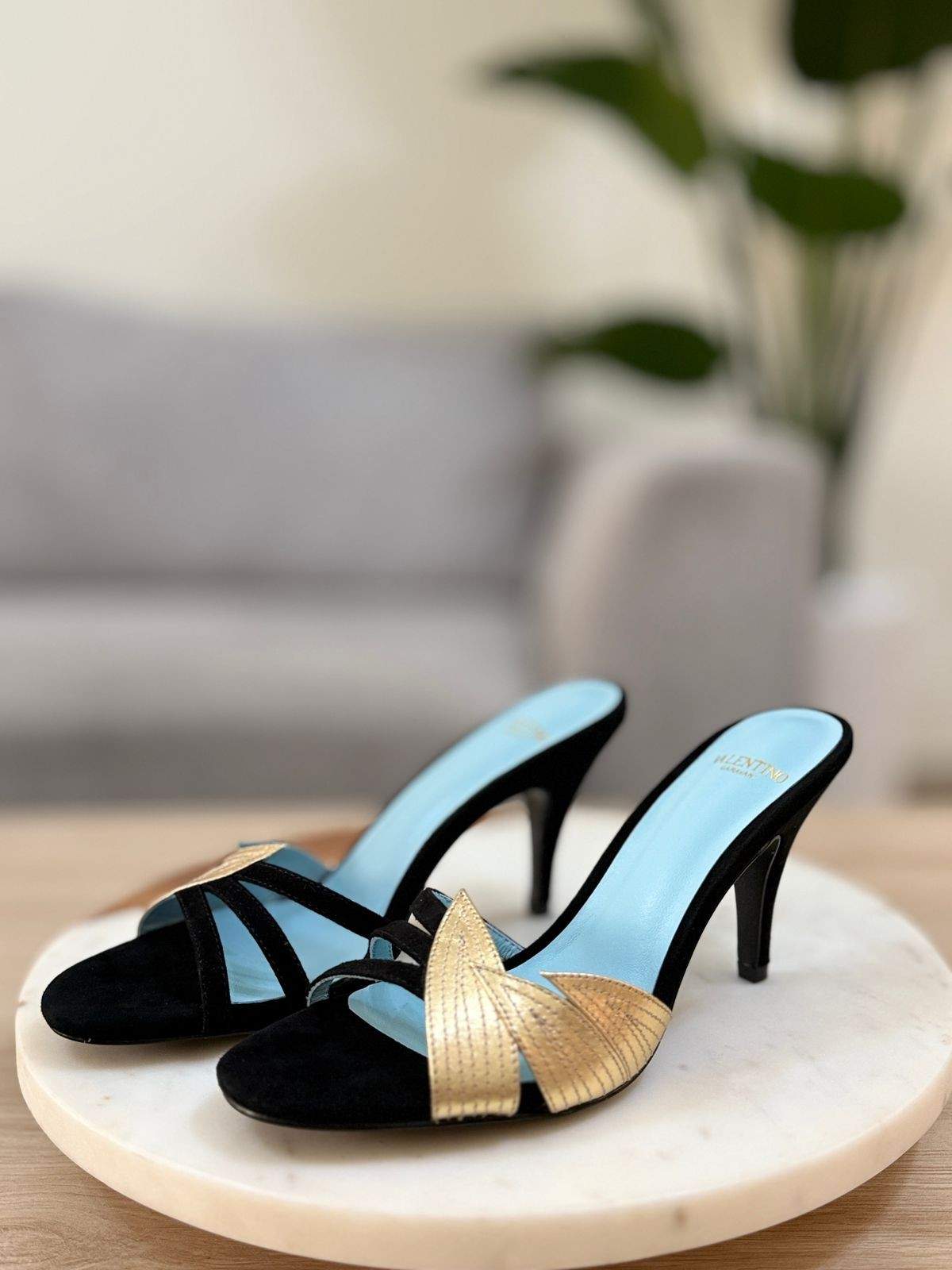 Valentino Garavani FolieFoliage Suede Slide Sandal Gold & blue