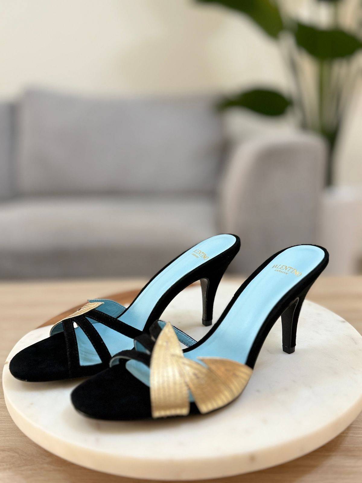 Valentino Garavani FolieFoliage Suede Slide Sandal Gold & blue