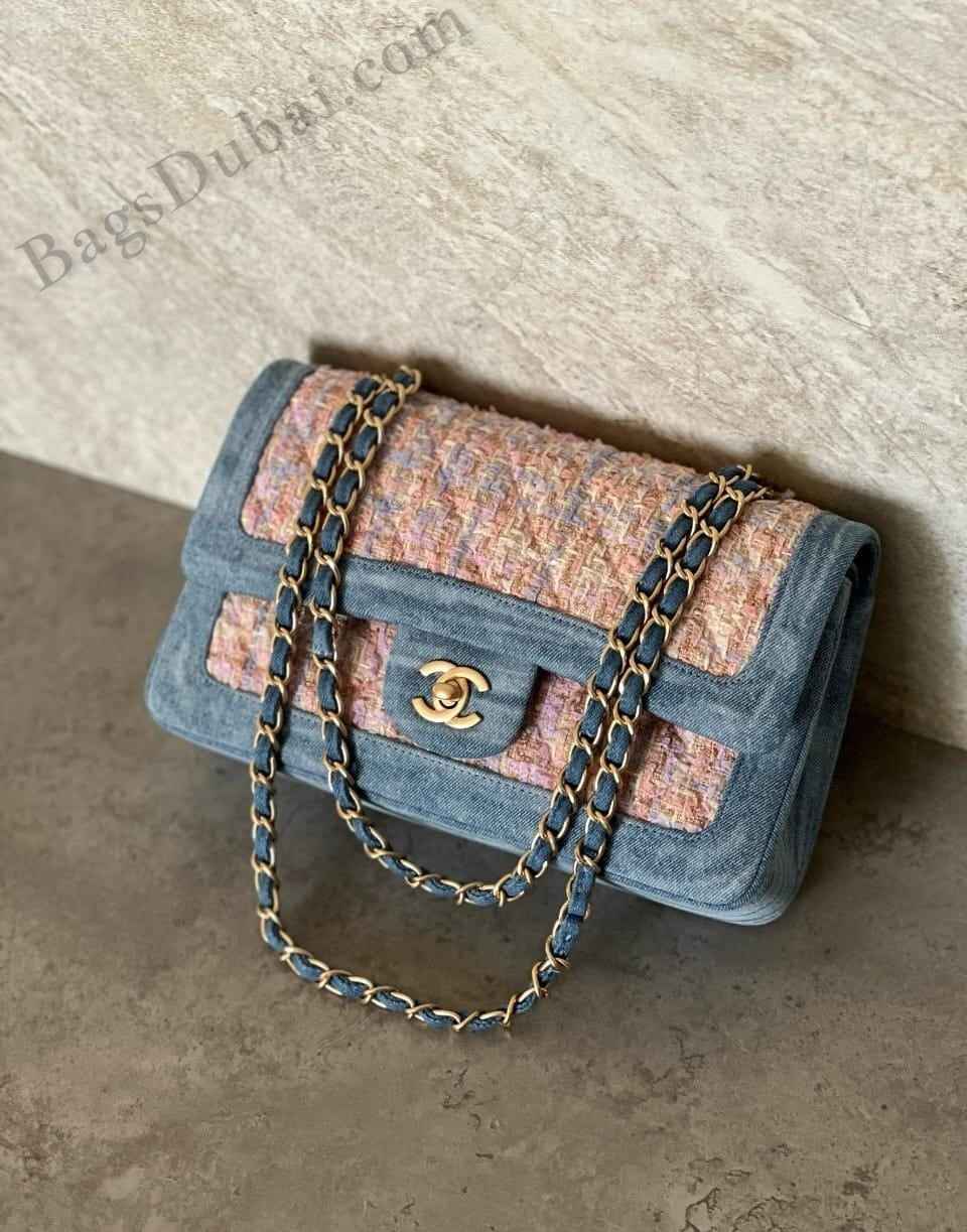 Chanel Double Flap Bag Tweed & Denim Pink & Blue