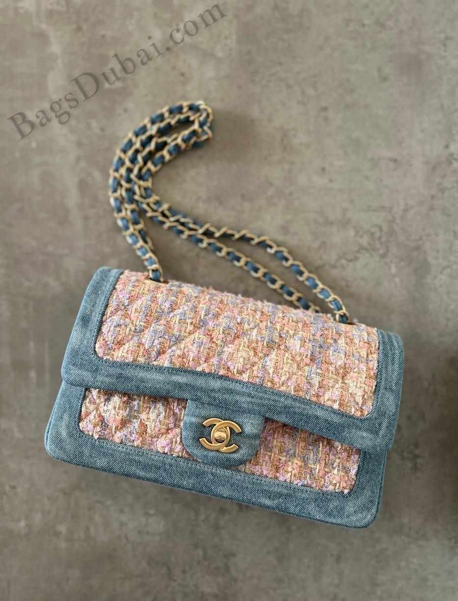 Chanel Double Flap Bag Tweed & Denim Pink & Blue