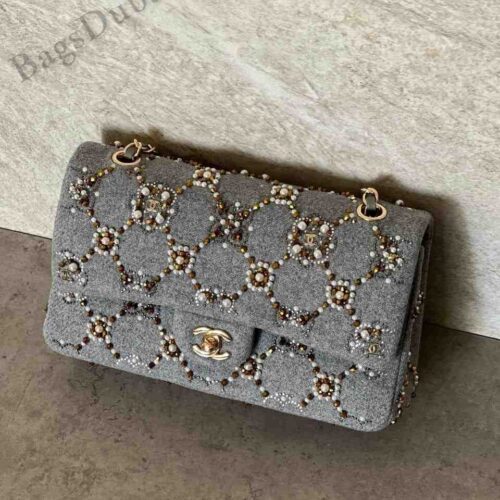 Chanel Flap Bag Pearl & Wool Patent Black Grey