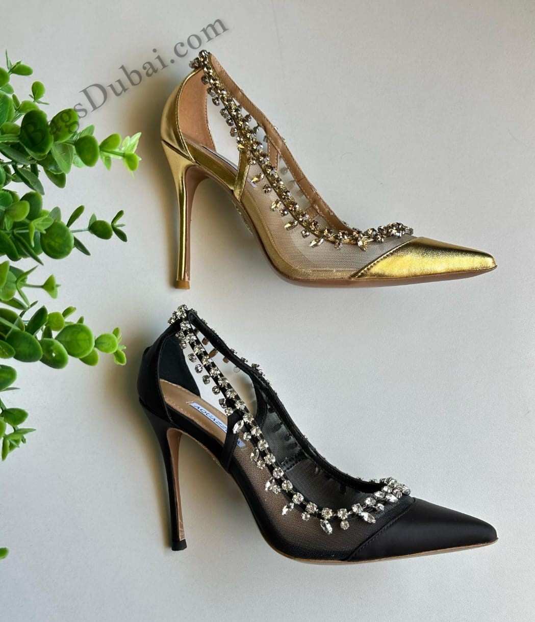 Aquazzura Slingback Pumps Tiara Crystal Black & Golden