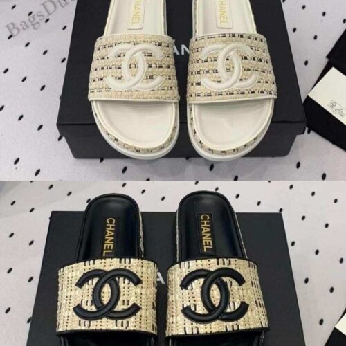 Chanel Slippers Beach Sandals White & Black