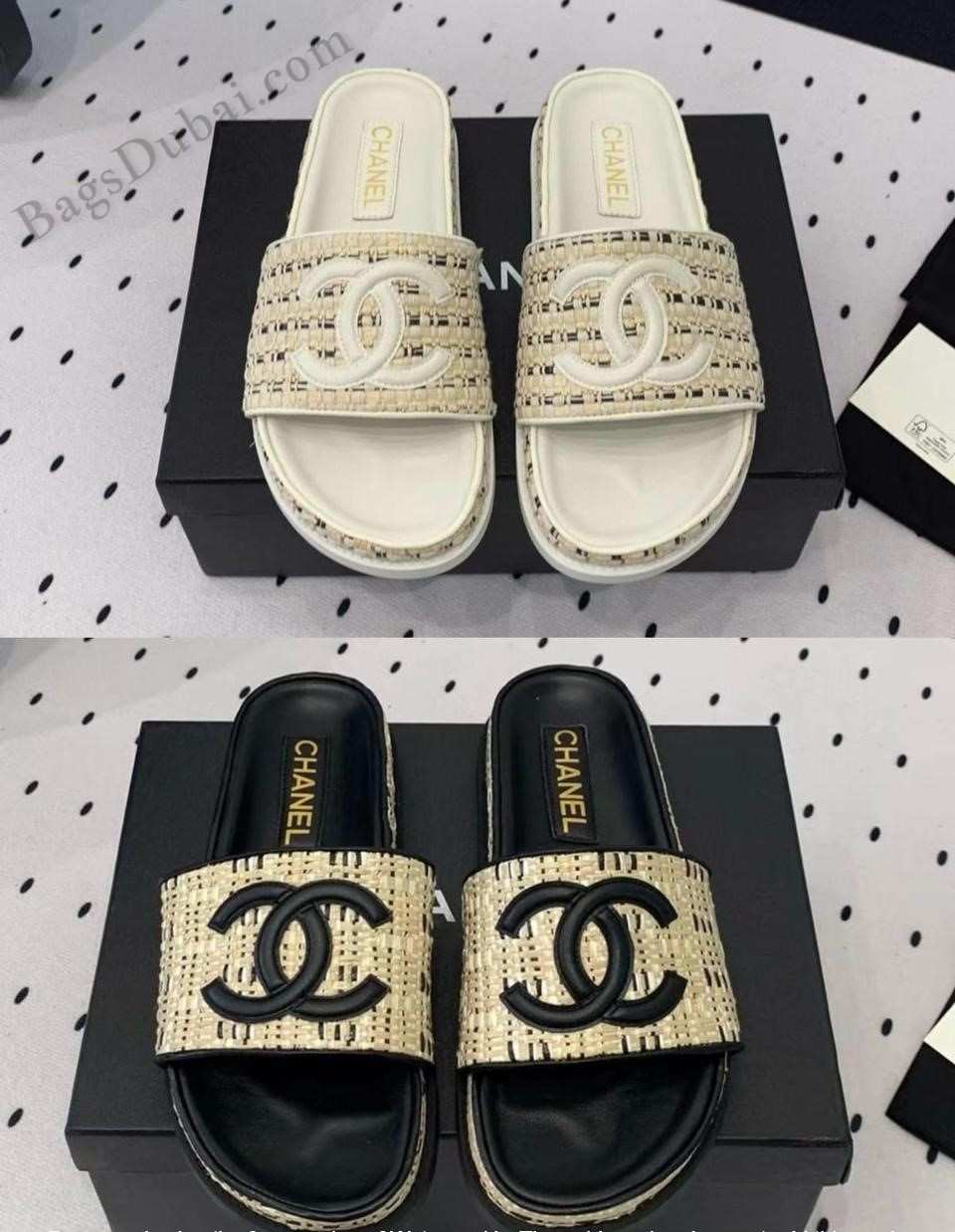 Chanel Slippers Beach Sandals White & Black