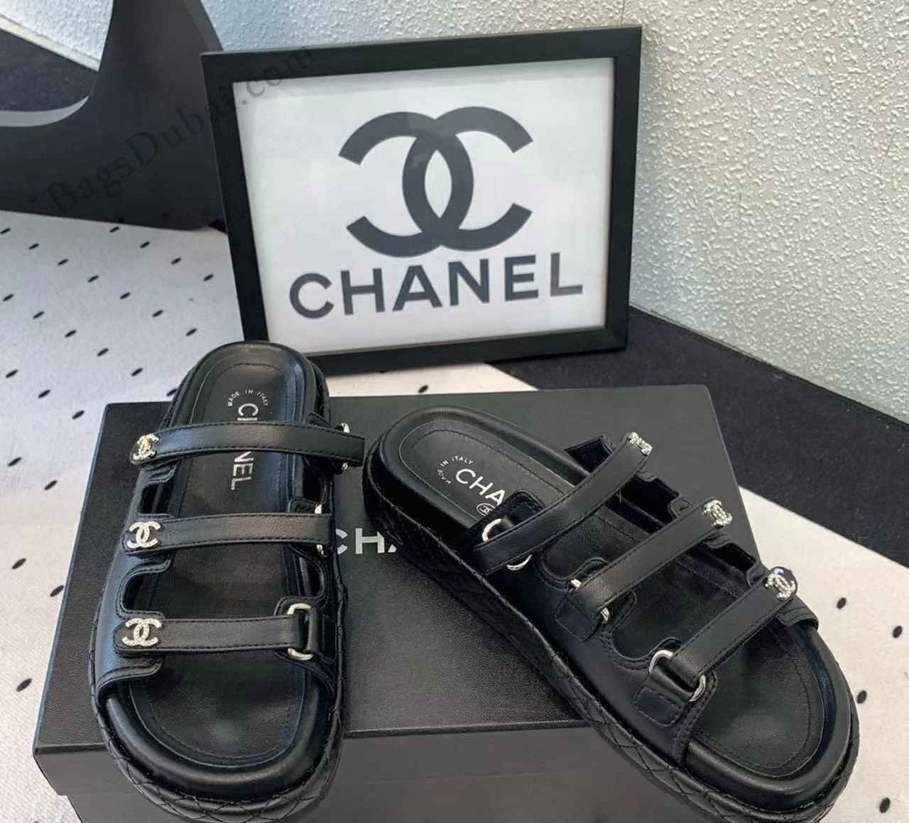 Chanel Sandals Triple Strap CC Leather Black