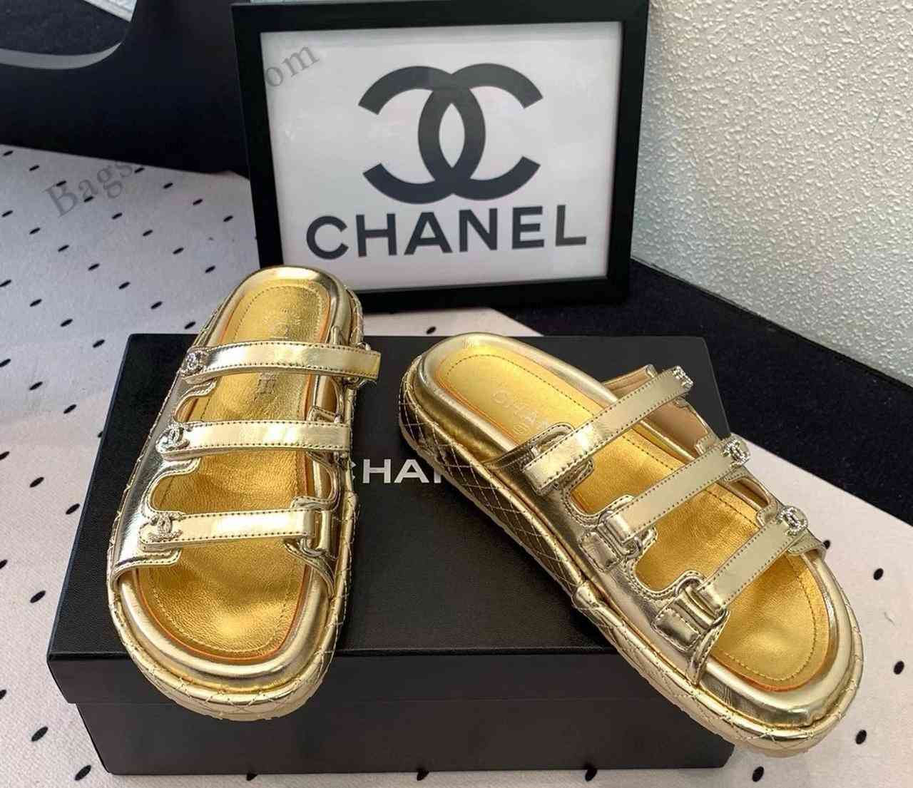 Chanel Sandals Triple Strap CC Leather Golden