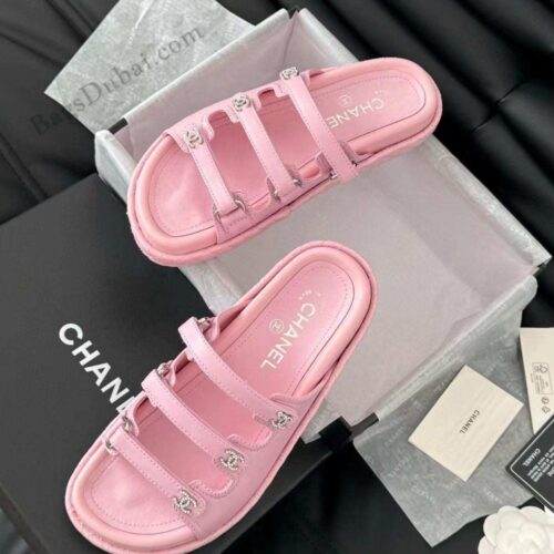 Chanel Sandals Triple Strap CC Leather Pink
