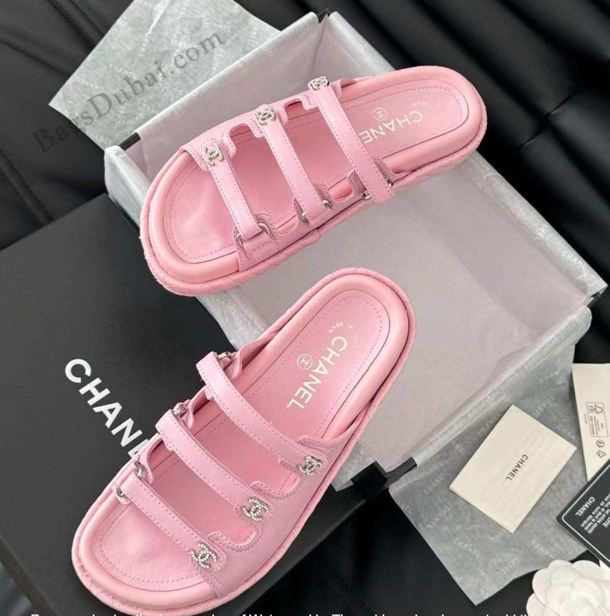 Chanel Sandals Triple Strap CC Leather Pink