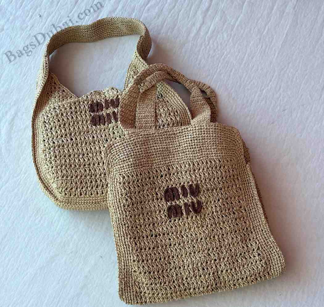 Miu Miu Tote Bag Raffia-Effect Beige