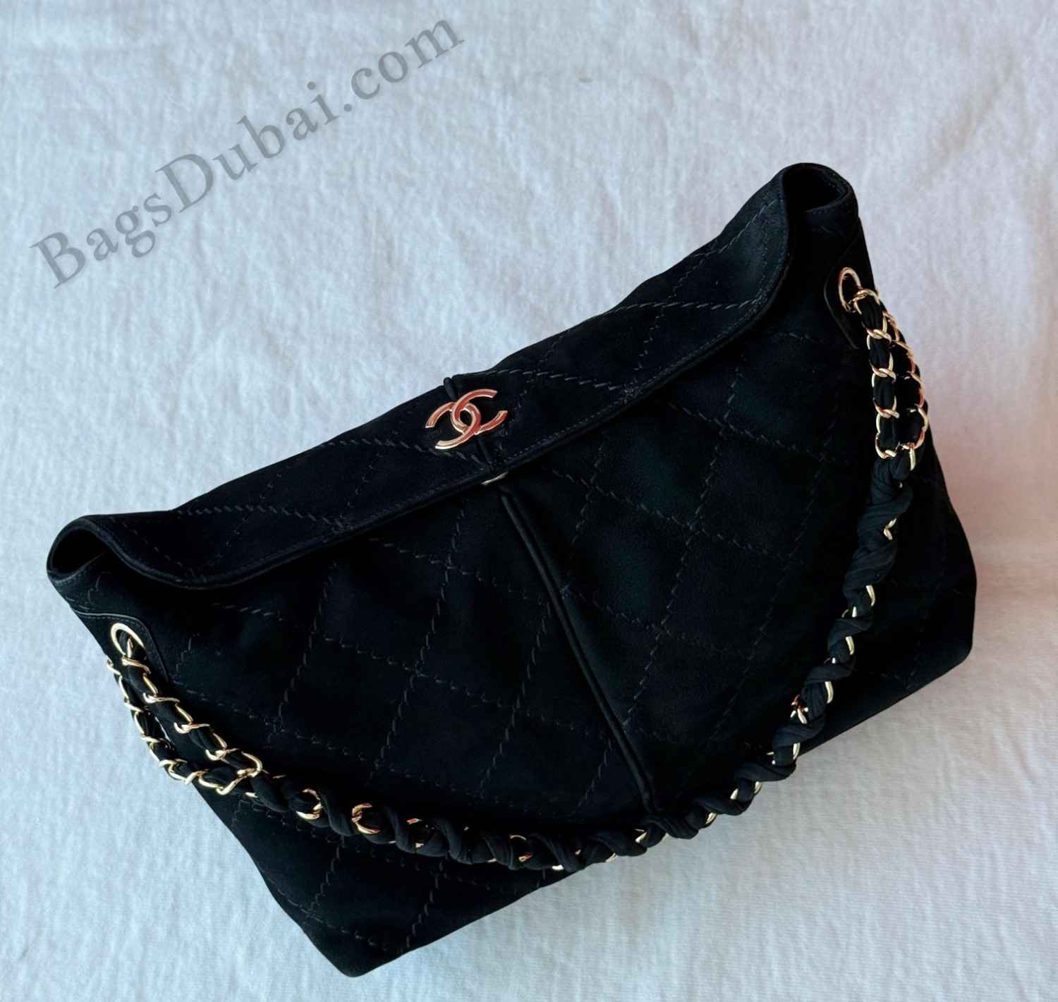 Chanel Shoulder Bag Stitched Fold Over Black